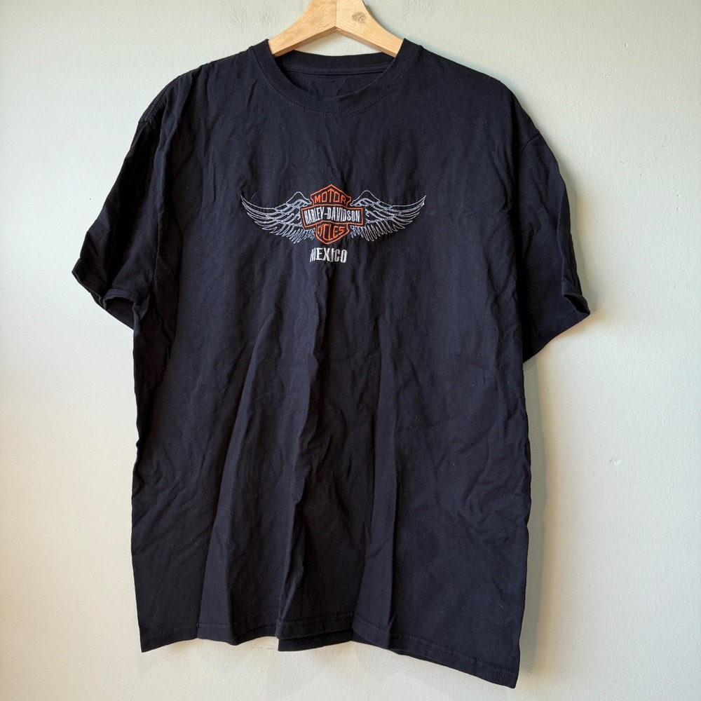 Harley-Davidson Mexico Embroidered Winged Logo Black Graphic T-Shirt Mens‎ XL